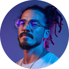 Man with round glasses and dreadlocks posing against a blue and purple gradient background.